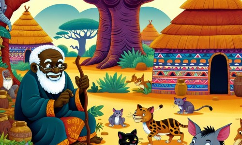 Une illustration destinée aux enfants représentant un homme sage et bienveillant, entouré d'animaux malicieux et sournois, dans un village africain vibrant de couleurs, avec des huttes traditionnelles, des baobabs majestueux et des animaux sauvages en arrière-plan.