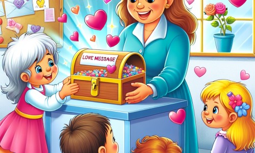 Une illustration destinée aux enfants représentant une petite fille joyeuse, entourée de cœurs et de fleurs, découvrant une mystérieuse boîte à messages d'amour dans une salle de classe colorée et lumineuse, avec une maîtresse souriante à ses côtés.
