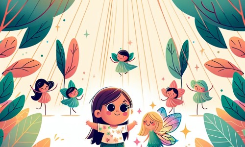 Une illustration destinée aux enfants représentant une petite fille aux grands yeux pétillants, se retrouvant dans une forêt magique avec une fée de la confiance en soi, entourée d'arbres dansant et de rayons de soleil filtrant à travers les feuilles colorées.