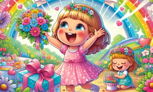 Une illustration destinée aux enfants représentant une petite fille pleine d'enthousiasme et de joie, préparant une fête des mères surprise avec l'aide de ses amis, dans un magnifique jardin rempli de fleurs colorées et d'arc-en-ciels étincelants.