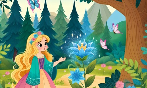 Une illustration destinée aux enfants représentant une jeune femme aux cheveux dorés, vêtue d'une robe colorée, qui rencontre une fleur bleue étincelante dans une clairière enchantée, entourée d'arbres majestueux et de papillons virevoltants.