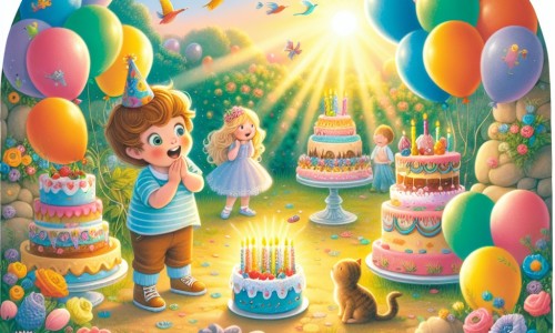 Une illustration destinée aux enfants représentant un petit garçon émerveillé lors d'une fête d'anniversaire, entouré de ballons colorés, de gâteaux délicieux et de ses amis, dans un jardin enchanté parsemé de fleurs multicolores et baigné de la lumière douce du soleil couchant.