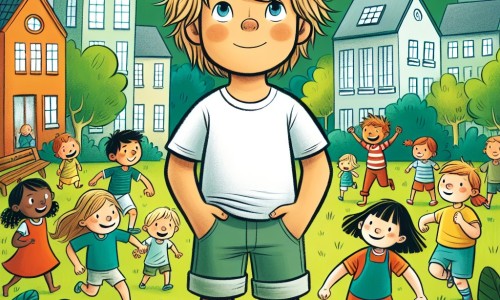Une illustration destinée aux enfants représentant un petit garçon aux cheveux blonds ébouriffés, se tenant courageusement devant un groupe d'enfants qui jouent ensemble, avec un voisinage verdoyant et un parc animé en toile de fond.
