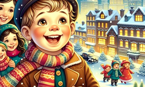 Une illustration destinée aux enfants représentant un petit garçon plein d'excitation dans une ville enneigée, entouré de sa famille, à l'approche de Noël.