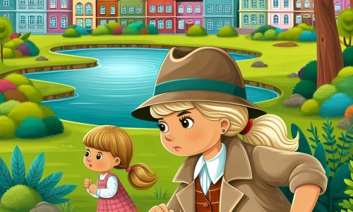 Une illustration destinée aux enfants représentant une femme détective courageuse et astucieuse, enquêtant sur la mystérieuse disparition d'une petite fille dans une ville pittoresque entourée de parcs verdoyants, de maisons colorées et d'un étang scintillant.