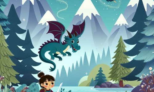 Une illustration destinée aux enfants représentant une petite fille aventurière, accompagnée d'un dragon farceur, explorant un royaume magique avec des arbres majestueux et des fées virevoltantes, le tout entouré de montagnes imposantes et d'une rivière scintillante.