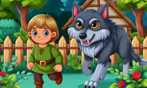 Une illustration destinée aux enfants représentant une petite fille courageuse bravant la forêt sombre, accompagnée d'un grand méchant loup aux yeux perçants, dans un village entouré de verdure et protégé par une clôture épaisse.