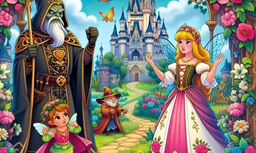 Une illustration destinée aux enfants représentant une princesse au cœur courageux, confrontée à un sorcier maléfique, accompagnée d'une petite fée, dans un royaume enchanté rempli de jardins fleuris, de châteaux majestueux et de créatures fantastiques.