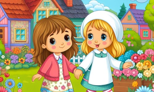 Une illustration destinée aux enfants représentant une petite fille pleine de vie, confrontée à une maladie, accompagnée de son meilleur ami, dans une petite ville paisible entourée d'un jardin coloré avec des fleurs épanouies.