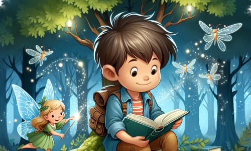 Une illustration destinée aux enfants représentant un jeune garçon intrépide, plongé dans un grimoire magique, accompagné d'une fée étincelante, au cœur d'une forêt enchantée aux arbres majestueux et aux lucioles virevoltantes.