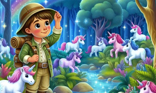 Une illustration destinée aux enfants représentant un jeune explorateur, vêtu d'une tenue d'aventurier, découvrant un monde enchanté rempli de licornes colorées, au cœur d'une forêt luxuriante aux arbres chatoyants et aux ruisseaux scintillants.