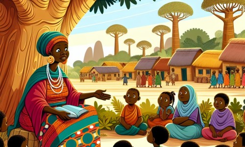 Une illustration destinée aux enfants représentant une femme sage et bienveillante, vêtue d'une robe aux couleurs chatoyantes, assise sous un grand baobab au cœur d'un village africain animé, écoutant attentivement les villageois venus la consulter pour résoudre un conflit.