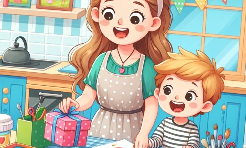 Une illustration destinée aux enfants représentant une petite fille pleine d'enthousiasme, préparant une surprise pour sa maman, avec l'aide de son petit frère, dans une cuisine colorée et lumineuse remplie de fournitures d'art et d'artisanat.