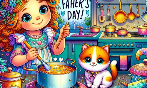 Une illustration destinée aux enfants représentant une petite fille pleine de malice et d'imagination, préparant une surprise pour son papa lors de la fête des pères, avec l'aide d'un adorable chaton, dans une cuisine colorée remplie de casseroles et de poêles étincelantes.