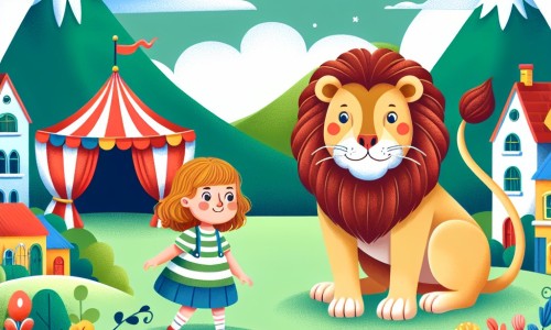 Une illustration destinée aux enfants représentant une petite fille pleine de curiosité et d'énergie, découvrant un cirque extraordinaire avec un lion farceur, dans un village pittoresque entouré de montagnes verdoyantes et de maisons colorées.