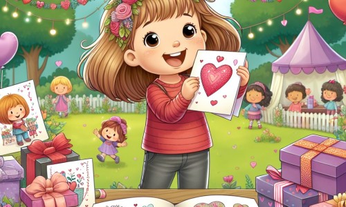 Une illustration destinée aux enfants représentant une petite fille pleine d'amour et d'enthousiasme préparant des cadeaux et des cartes pour sa famille et ses amis, avec en toile de fond un magnifique parc décoré de guirlandes colorées et de ballons en forme de cœur pour célébrer la Saint-Valentin.