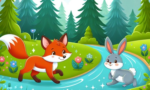 Une illustration destinée aux enfants représentant un renard rusé et malicieux, se promenant le long d'une rivière scintillante, accompagné d'un lapin timide, dans une vaste forêt verdoyante, remplie d'arbres majestueux et de fleurs colorées.