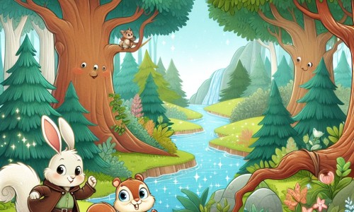 Une illustration destinée aux enfants représentant un petit lapin aventurier, accompagné d'un écureuil en détresse, explorant une forêt enchantée avec des arbres majestueux, une rivière scintillante et une clairière animée.