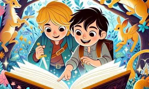 Une illustration destinée aux enfants représentant un petit garçon intrépide, accompagné de son meilleur ami, découvrant un livre magique dans un jardin fleuri rempli de créatures fantastiques et d'arbres aux feuilles chatoyantes.