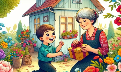 Une illustration destinée aux enfants représentant un petit garçon plein d'énergie, cherchant un cadeau pour sa maman lors de la fête des mères, accompagné d'une maman aimante, dans une petite maison ensoleillée entourée d'un jardin fleuri aux couleurs éclatantes.