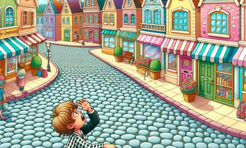 Une illustration destinée aux enfants représentant un petit garçon plein d'imagination, cherchant désespérément un cadeau pour son papa lors d'une journée ensoleillée dans la charmante ville de Chocolatville, avec ses rues pavées bordées de maisons colorées et de boutiques accueillantes.