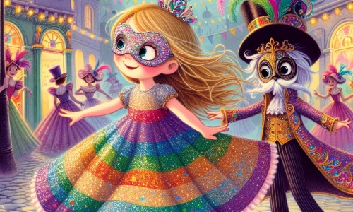 Une illustration destinée aux enfants représentant une petite fille virevoltant dans une robe arc-en-ciel étincelante, accompagnée d'un mystérieux personnage secondaire, dans les rues colorées et festives de Bonheurville pendant le carnaval.