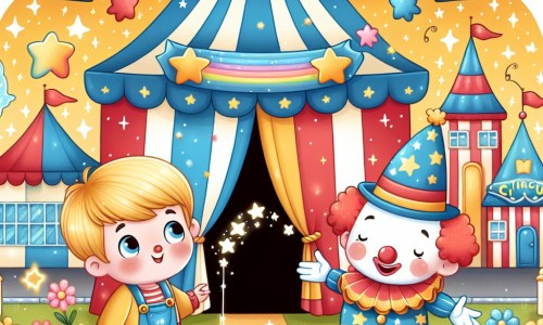 Une illustration destinée aux enfants représentant un petit garçon curieux et plein de vie qui découvre un cirque magique, accompagné d'un clown farceur, sous un grand chapiteau coloré rempli d'étoiles scintillantes, dans la petite ville de Bonheurland.