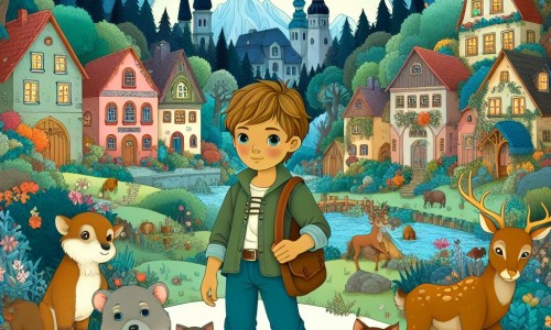 Une illustration destinée aux enfants représentant un jeune garçon, aussi petit qu'un grain de poussière, se tenant devant une sombre forêt enchantée, accompagné de ses amis animaux, dans un village pittoresque aux maisons colorées et aux rues pavées de fleurs.