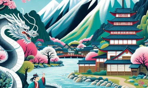 Une illustration destinée aux enfants représentant un homme curieux et passionné, accompagné d'un majestueux dragon argenté, dans un village japonais bordé d'une rivière scintillante et entouré de montagnes imposantes, où les cerisiers en fleurs colorent le paysage de rose.