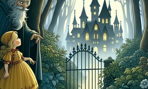 Une illustration destinée aux enfants représentant une petite fille au regard intrigué, se tenant devant un manoir sombre et mystérieux, accompagnée d'un gardien énigmatique, dans une forêt dense et embrumée.