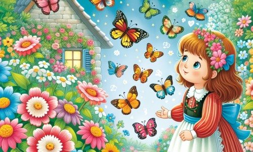 Une illustration destinée aux enfants représentant une petite fille curieuse, entourée de fleurs colorées, qui rencontre un voisin bienveillant dans un jardin enchanté rempli de papillons virevoltants.