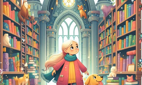 Une illustration destinée aux enfants représentant une petite fille curieuse et déterminée, accompagnée de son fidèle chien, explorant une bibliothèque enchantée remplie de livres colorés et d'étagères immenses, à la recherche d'un mystère caché.