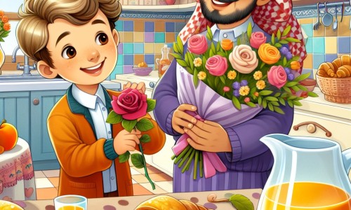 Une illustration destinée aux enfants représentant un petit garçon plein d'enthousiasme préparant une surprise pour ses parents, avec l'aide d'un gentil fleuriste, dans une cuisine chaleureuse et colorée, remplie de croissants, de jus d'orange et d'une jolie rose.