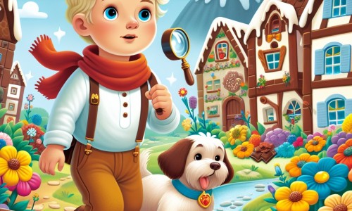 Une illustration destinée aux enfants représentant un petit garçon curieux et astucieux, se retrouvant face à la disparition mystérieuse de son jouet préféré, avec l'aide d'un adorable chien, dans un village coloré rempli de maisons en chocolat et de fleurs géantes.