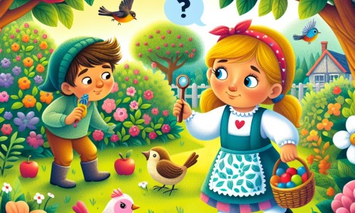 Une illustration destinée aux enfants représentant une petite fille curieuse et pleine de vie, confrontée à la disparition mystérieuse de son bonbon préféré, accompagnée de son ami courageux, dans un jardin fleuri rempli d'arbres fruitiers et d'oiseaux colorés.