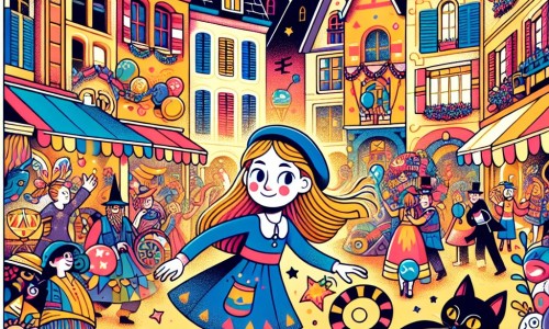 Une illustration destinée aux enfants représentant une petite fille pleine de vie, plongée dans l'atmosphère vibrante d'un carnaval coloré, accompagnée d'un chat mystérieux, dans un village français pittoresque avec des rues décorées de guirlandes, de ballons et de banderoles.