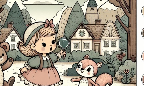 Une illustration destinée aux enfants représentant une petite fille aventurière, cherchant son précieux doudou disparu, accompagnée d'un petit écureuil malicieux, se déroulant dans une charmante petite ville entourée d'une forêt mystérieuse.