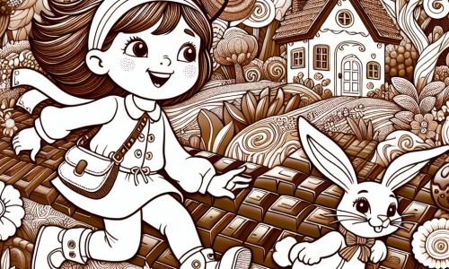 Une illustration destinée aux enfants représentant une petite fille curieuse et pleine d'énergie, se retrouvant dans un paysage féerique en chocolat, accompagnée d'un adorable lapin en chef, à la recherche des mystérieux voleurs de chocolats, dans le merveilleux pays du chocolat où les arbres, les fleurs et les maisons scintillent de gourmandise.