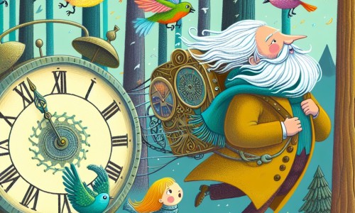 Une illustration destinée aux enfants représentant une petite fille curieuse, transportée dans une machine volante ressemblant à une grande horloge, accompagnée du mystérieux gardien du temps, dans une forêt enchantée où les arbres sont majestueux et les oiseaux multicolores chantent gaiement.