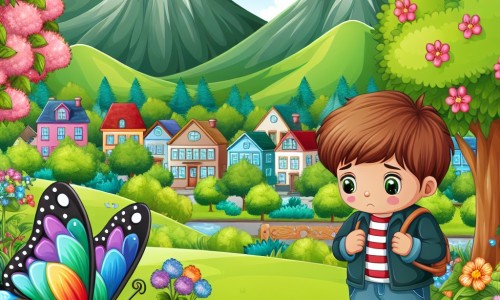 Une illustration destinée aux enfants représentant un petit garçon se tenant tristement devant un parc en fleurs, accompagné d'un magnifique papillon multicolore, dans une petite ville paisible entourée de montagnes verdoyantes.