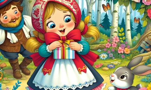 Une illustration destinée aux enfants représentant une petite fille espiègle, préparant une surprise pour son papa, accompagnée d'un adorable lapin, dans une forêt enchantée remplie de fleurs colorées et d'animaux joyeux.