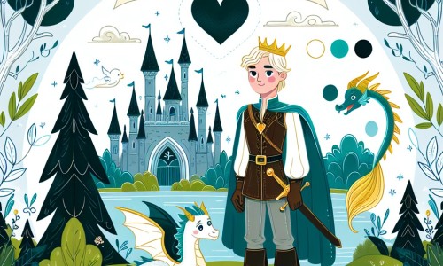 Une illustration destinée aux enfants représentant un prince courageux, au cœur pur, se tenant debout devant une forêt enchantée luxuriante, accompagné de son fidèle dragon miniature, prêt à affronter les épreuves pour sauver la magie du royaume d'Émeraldia.