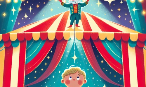 Une illustration destinée aux enfants représentant un petit garçon émerveillé assistant à un spectacle de cirque, accompagné d'un funambule bienveillant, sous un grand chapiteau coloré aux lumières scintillantes.