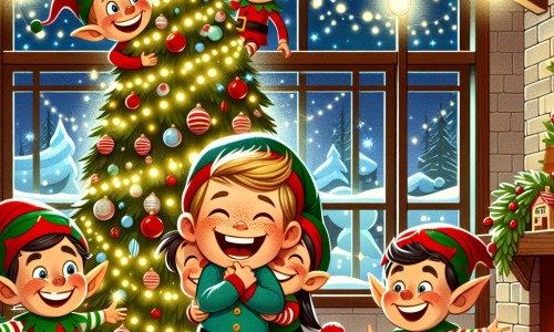 Une illustration destinée aux enfants représentant un petit garçon plein d'excitation, entouré de lutins farceurs, dans une maison remplie de lumières scintillantes et d'un sapin de Noël décoré avec soin.