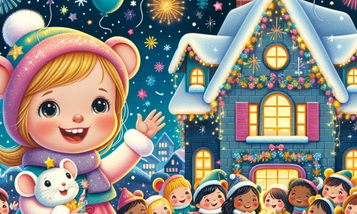 Une illustration destinée aux enfants représentant une petite fille pleine de joie, entourée de ses amis et d'une souris magique, dans une jolie maison décorée de guirlandes colorées et de ballons étincelants, célébrant la fête du Nouvel An avec des feux d'artifice illuminant le ciel étoilé.