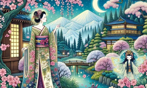 Une illustration destinée aux enfants représentant une femme élégante, passionnée des cerisiers, qui se retrouve dans une forêt enchantée en compagnie d'un esprit de la nature, entourée de cerisiers en fleurs qui brillent de mille feux, dans un village paisible du Japon.