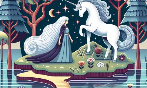 Une illustration destinée aux enfants représentant une femme mystérieuse aux cheveux d'argent, se tenant sur une île enchantée au cœur d'un lac cristallin, accompagnée d'une licorne majestueuse, dans un royaume où les arbres chuchotent et les fleurs dansent au rythme du vent.