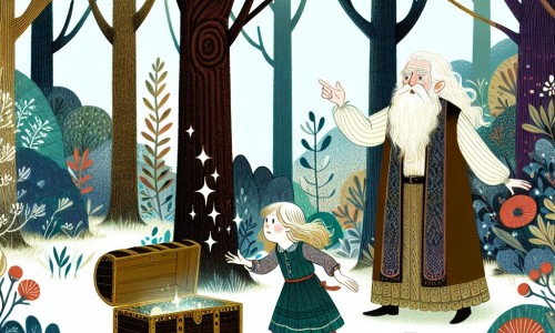 Une illustration destinée aux enfants représentant une petite fille curieuse, découvrant un coffret mystérieux, accompagnée d'un sage aux cheveux blancs, dans une forêt enchantée aux arbres immenses, aux feuillages chatoyants et aux fleurs aux couleurs éclatantes.