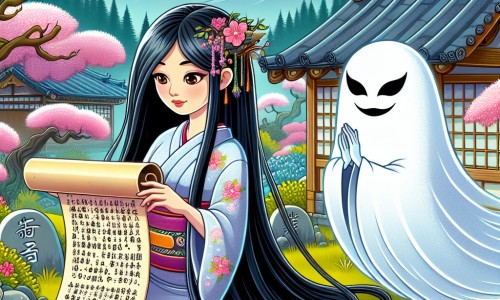 Une illustration destinée aux enfants représentant une femme aux longs cheveux noirs comme l'ébène, découvrant un mystérieux parchemin dans une forêt enchantée du Japon, accompagnée d'un yūrei, un fantôme vêtu d'un kimono blanc, dans un village pittoresque entouré de cerisiers en fleurs.