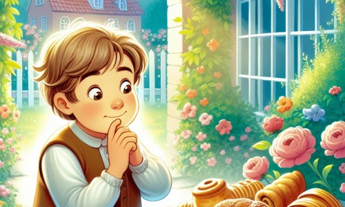 Une illustration destinée aux enfants représentant un petit garçon curieux et espiègle, confronté à la tentation de goûter aux délicieuses pâtisseries d'une voisine bienveillante, dans le cadre enchanteur d'un jardin fleuri baigné de douce lumière.